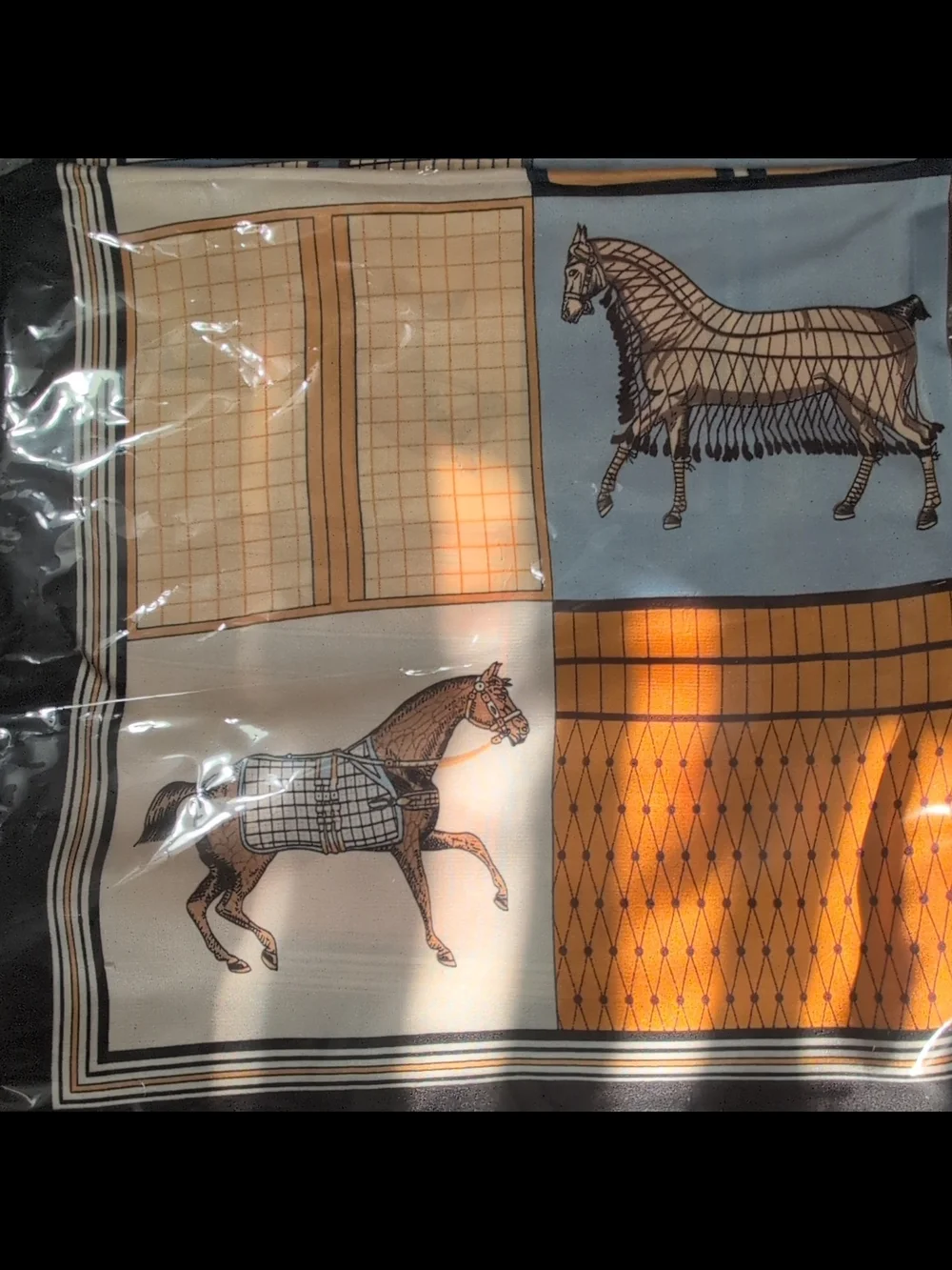 Equestrian Print Square Scarf — Orange, Cream, Blue